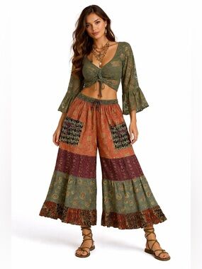 Hippie Forever Handmade Tiered Patchwork Palazzo Women SZ OS Enchanted Fairycore